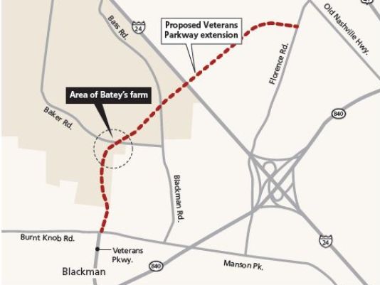 The red dotted line in this map shows where a proposed Veterans Parkway extension would be developed north to a future interchange at Interstate 24 and cut through John L. Batey's 209-year-old family farm on Baker Road near Blackman Road. This map is based on the Murfreesboro 2025 Major Thoroughfare Plan that the City Council approved in 2008. City officials expect to examine a proposed update to the Major Thoroughfare soon.  (Photo: Kent Travis/Gannett)